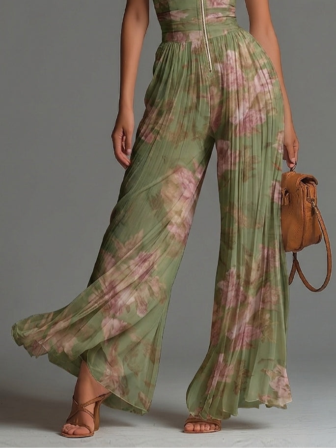 Alison | Fuchsia Floral Print Sleeveless Zippered Pleated Wide-leg Chiffon Jumpsuit