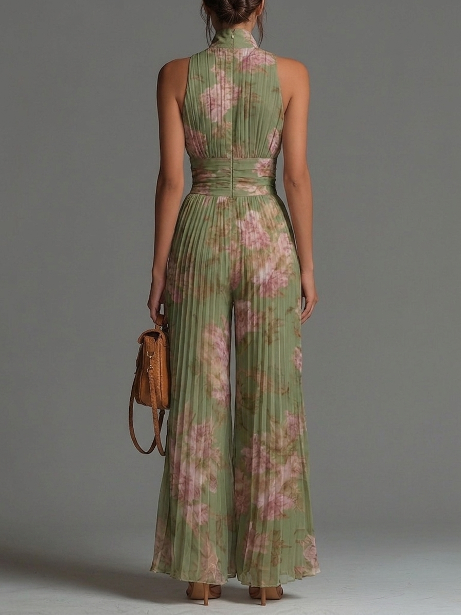 Alison | Fuchsia Floral Print Sleeveless Zippered Pleated Wide-leg Chiffon Jumpsuit