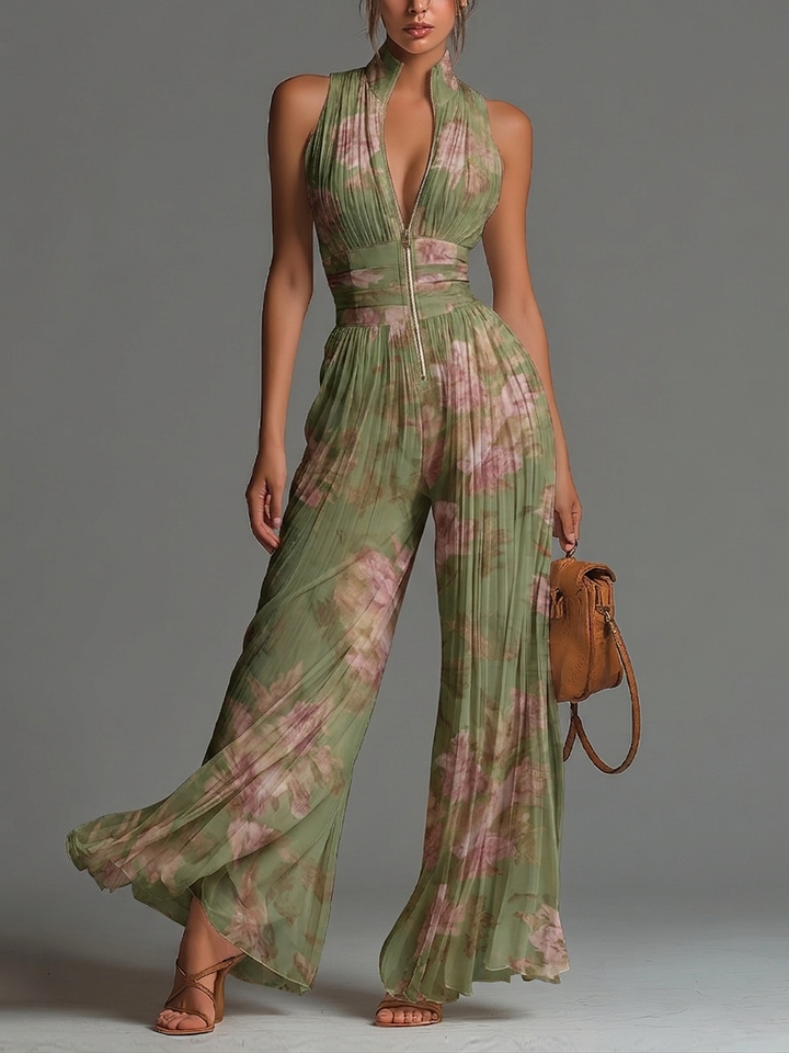 Alison | Fuchsia Floral Print Sleeveless Zippered Pleated Wide-leg Chiffon Jumpsuit
