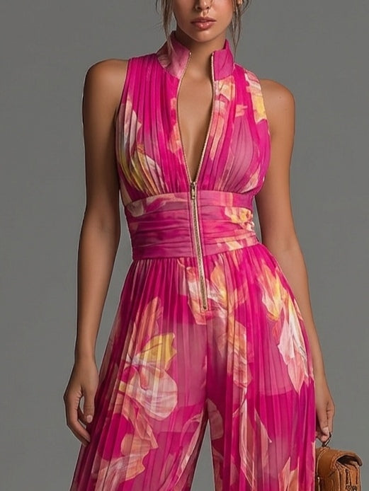 Alison | Fuchsia Floral Print Sleeveless Zippered Pleated Wide-leg Chiffon Jumpsuit