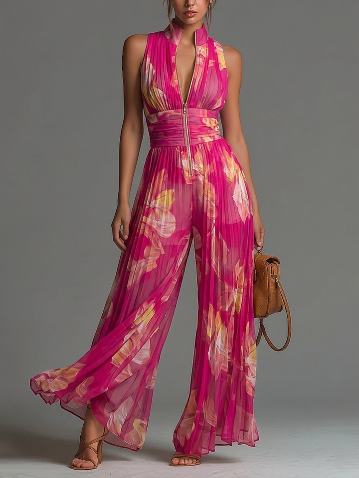 Alison | Fuchsia Floral Print Sleeveless Zippered Pleated Wide-leg Chiffon Jumpsuit