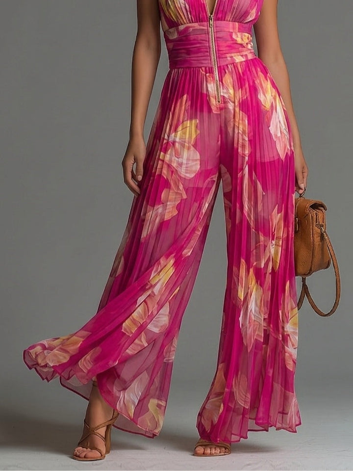 Alison | Fuchsia Floral Print Sleeveless Zippered Pleated Wide-leg Chiffon Jumpsuit