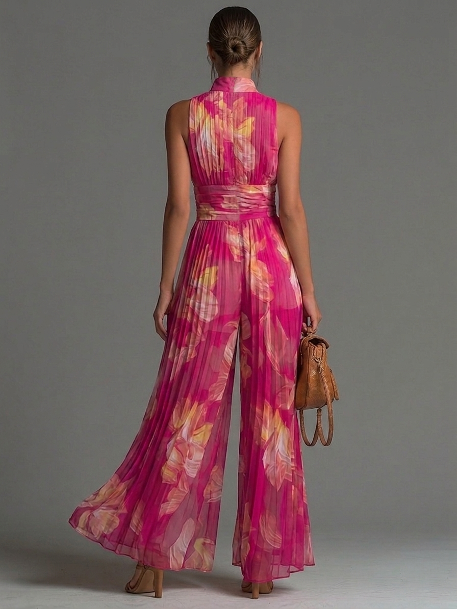 Alison | Fuchsia Floral Print Sleeveless Zippered Pleated Wide-leg Chiffon Jumpsuit
