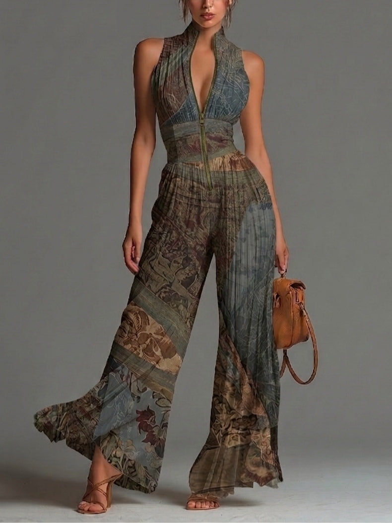 Alison | Fuchsia Floral Print Sleeveless Zippered Pleated Wide-leg Chiffon Jumpsuit