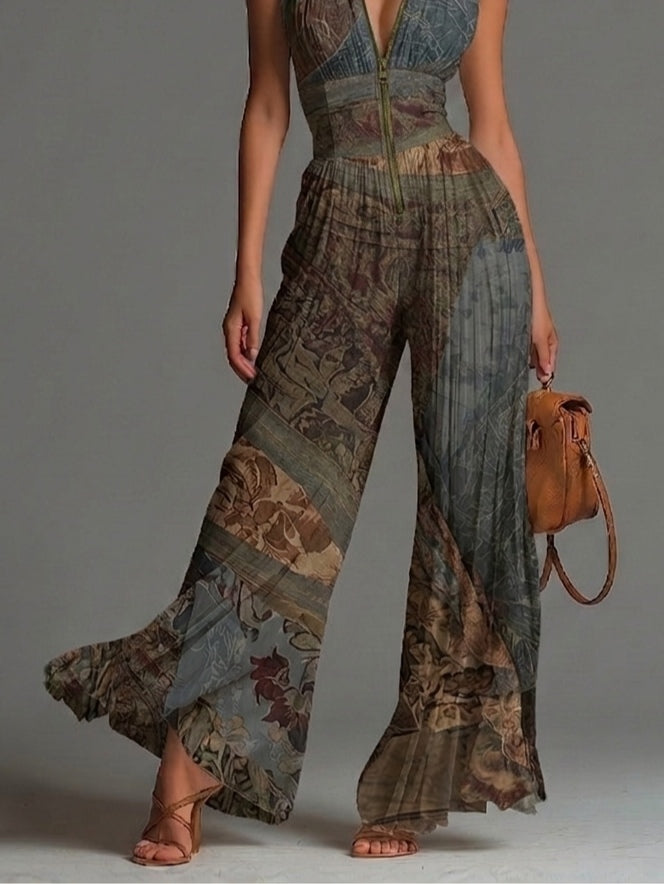 Alison | Fuchsia Floral Print Sleeveless Zippered Pleated Wide-leg Chiffon Jumpsuit