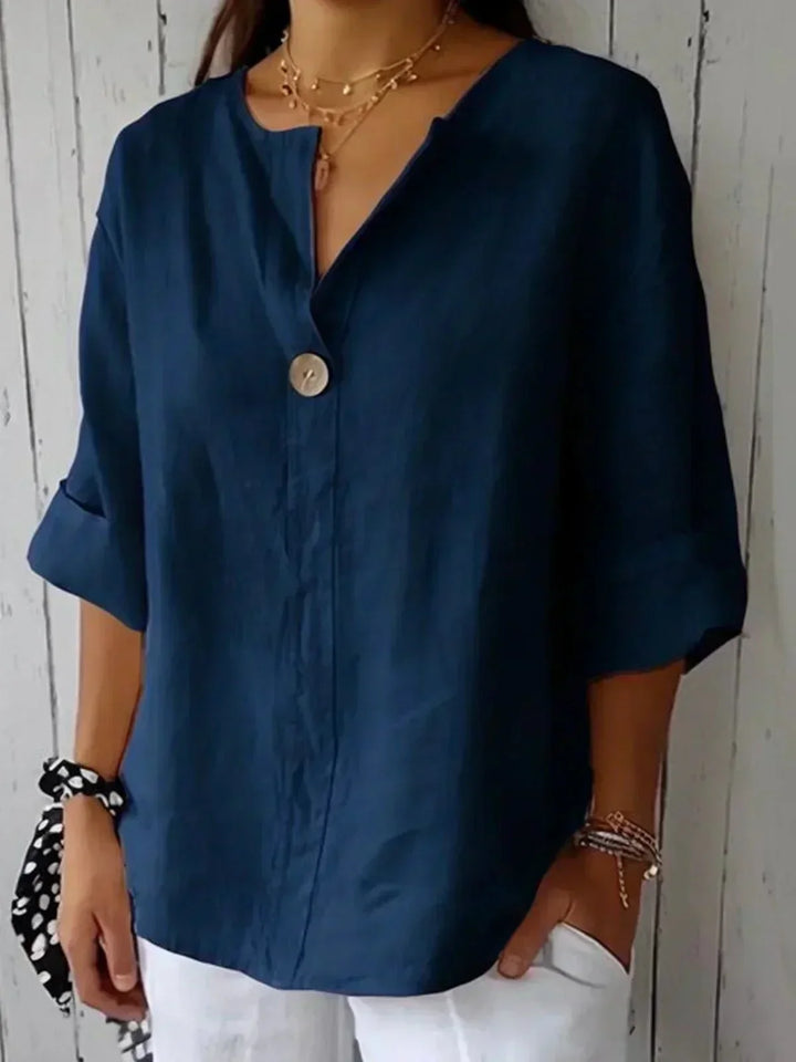 Amara™ relaxed V-neck top in navy with button front and three-quarter sleeves