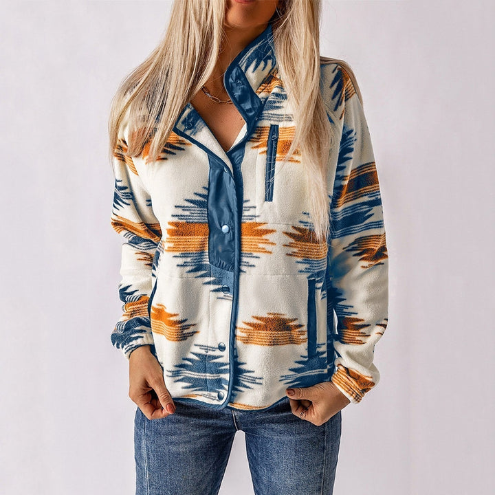 Nancy™ Atsaki jacket with collared button-up front, long sleeves, blue-orange aztec print