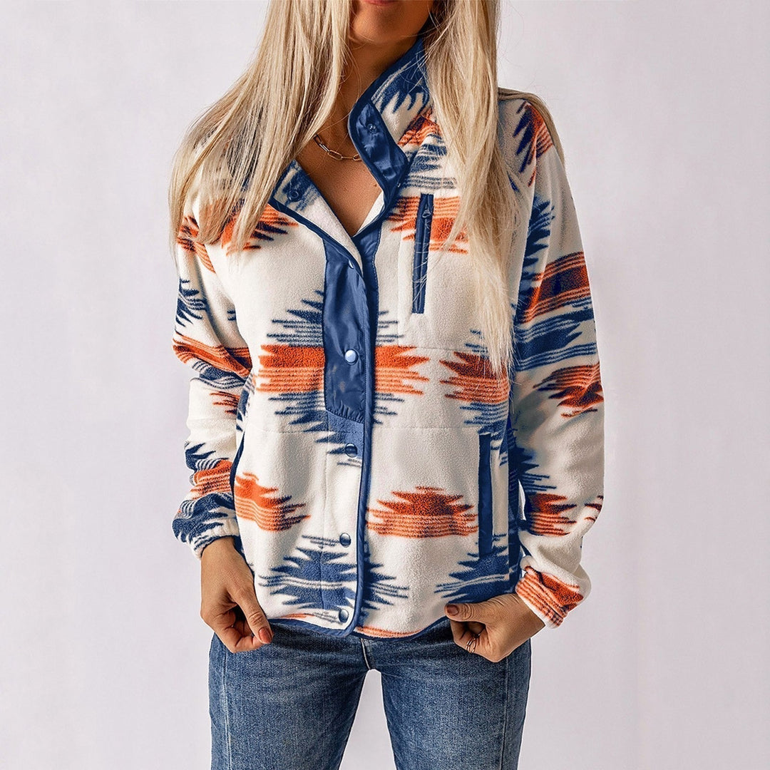 Nancy™ Atsaki jacket, collared button-up, long sleeves, cream base, blue-orange print