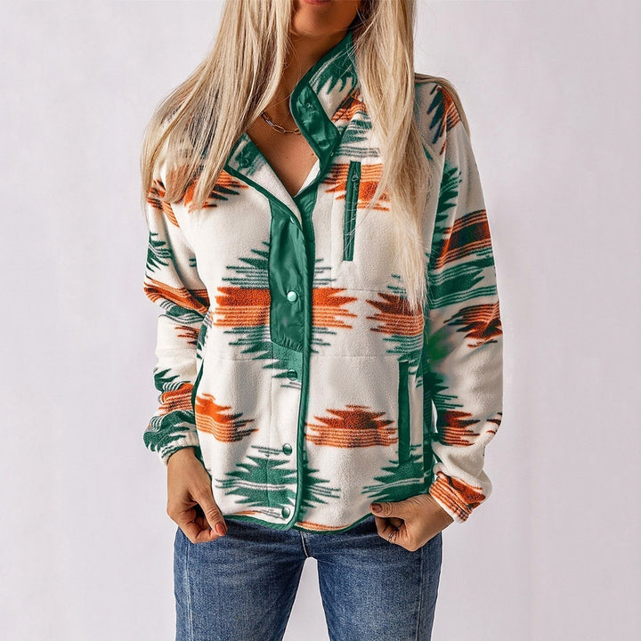 Nancy™ Atsaki jacket with collared button-up front, long sleeves, green-blue aztec print