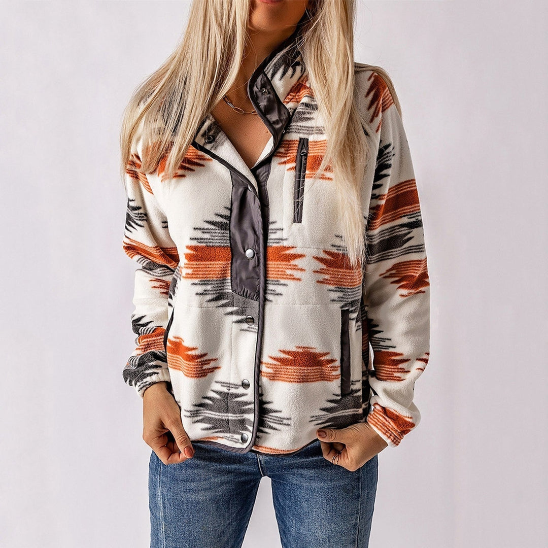 Nancy™ Atsaki jacket with collared button-up, long sleeves, black trim, cream aztec print