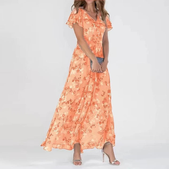 Orange floral midi dress with V-neck, short flutter sleeves, and gathered skirt
