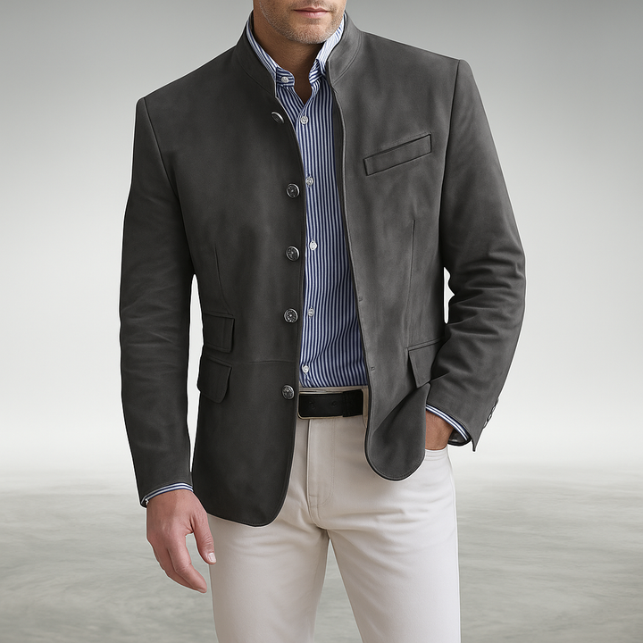 Tailored modern blazer in dark gray with notch lapel, button front, flap pockets