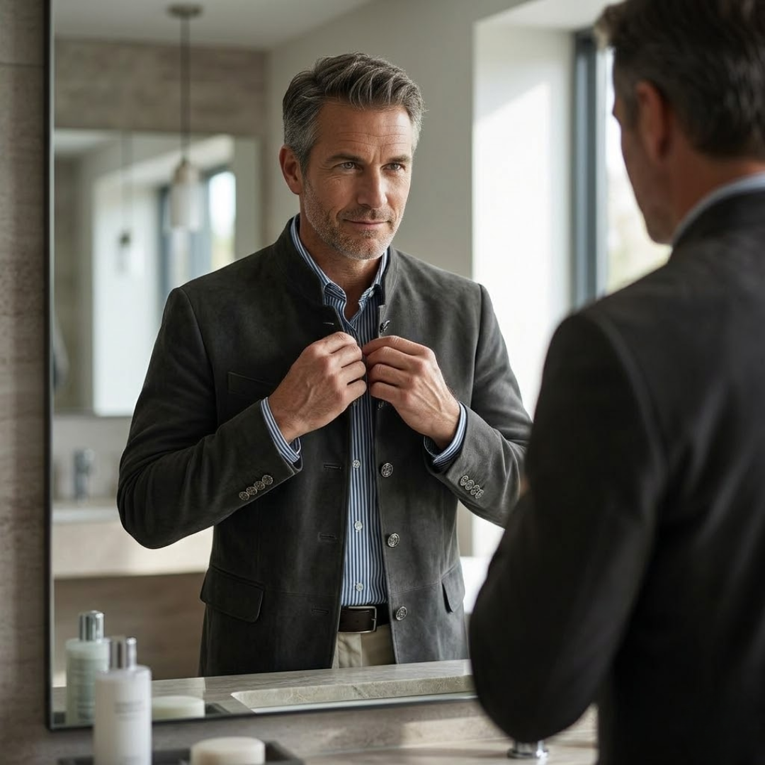 Tailored modern blazer in dark gray with button front and flap pockets
