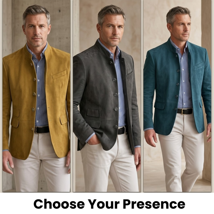 Tailored modern blazer color options: mustard, dark gray, teal with button front