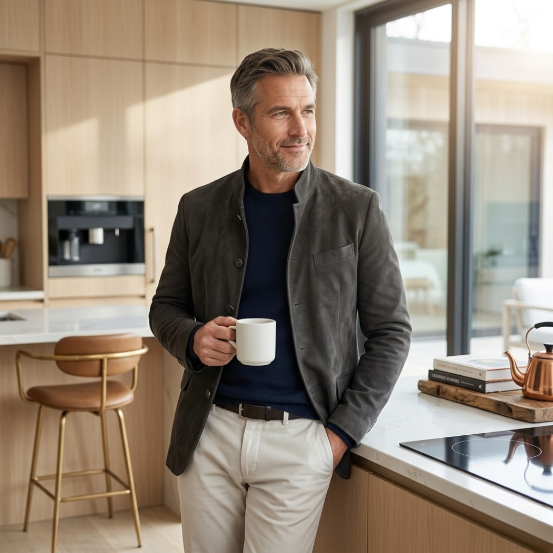 Tailored modern blazer in dark gray with chest pocket and side flap pockets