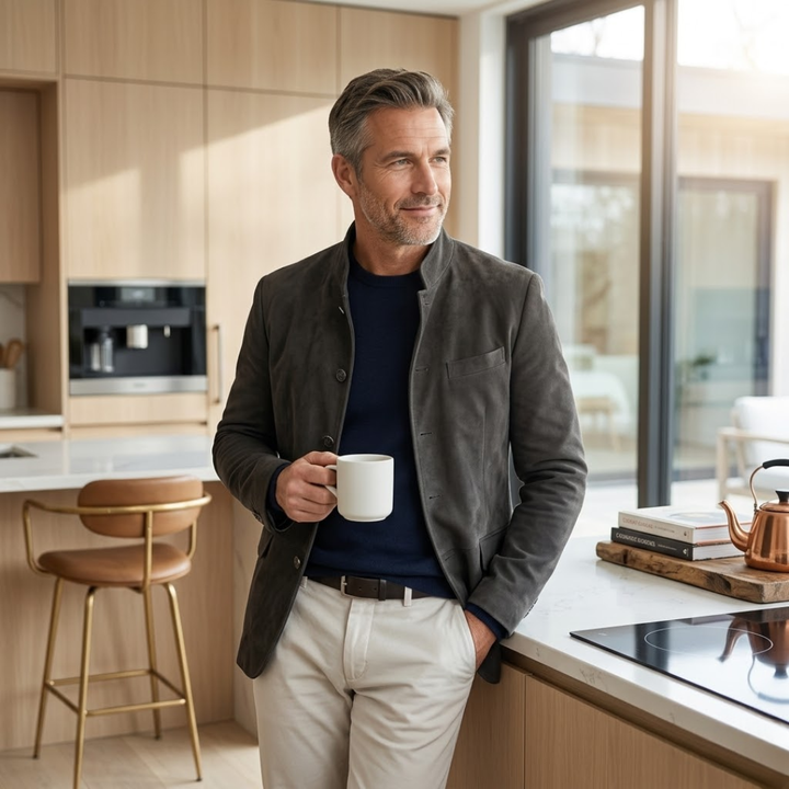 Tailored modern blazer in dark gray with chest pocket and side flap pockets