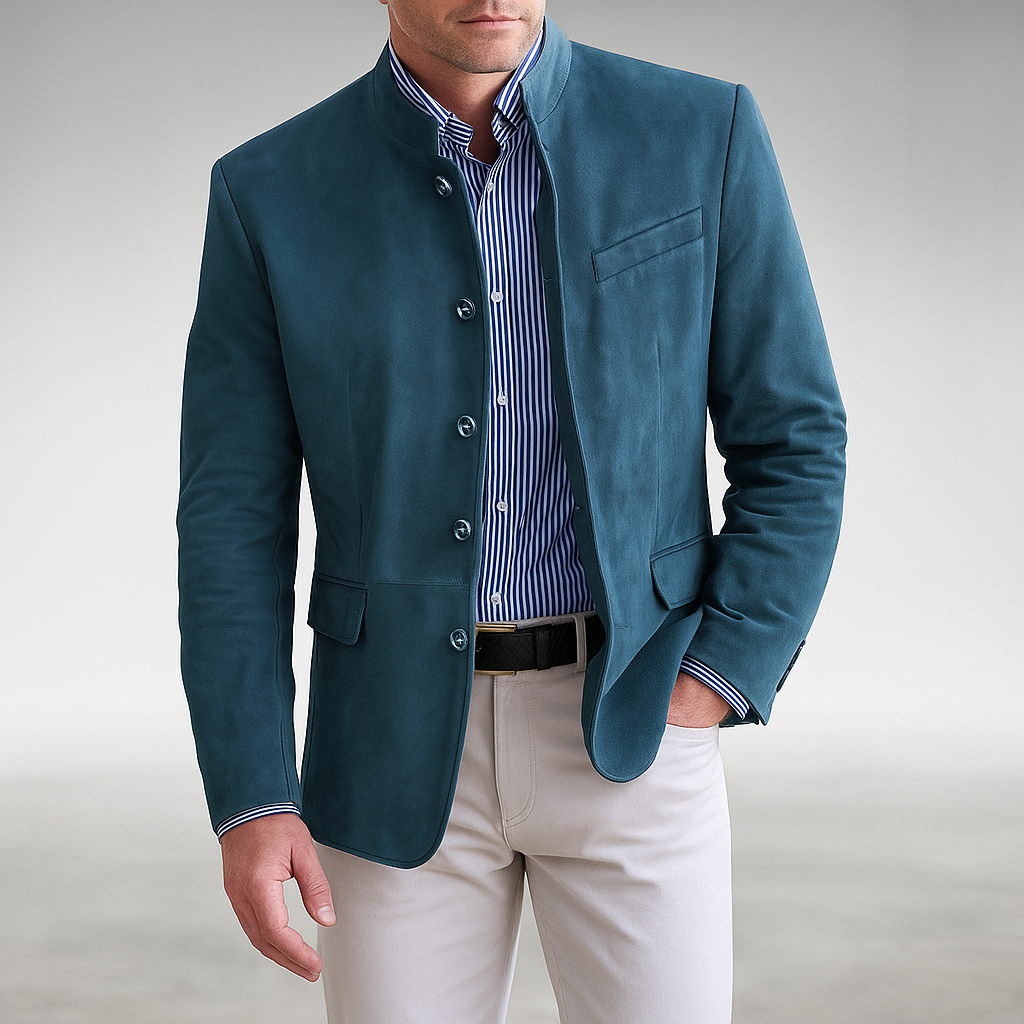 Tailored modern blazer in teal with notch lapel, button front, chest pocket