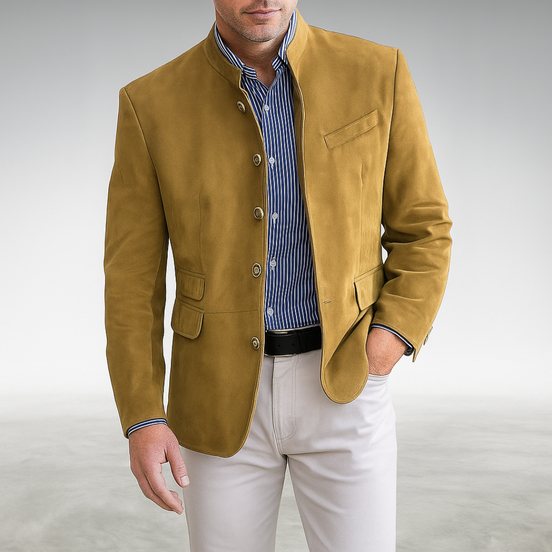 Tailored modern blazer in mustard gold with button front, chest pocket, flap side pockets