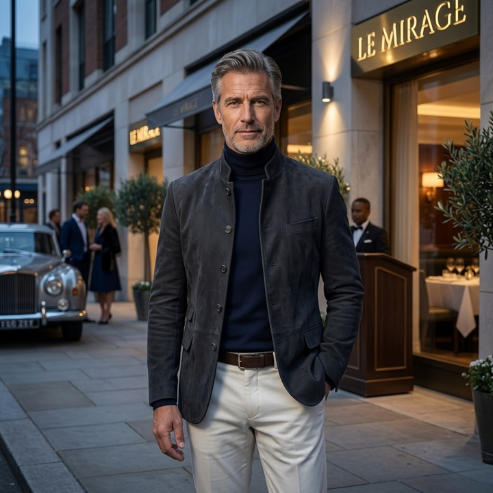 Tailored modern blazer in dark gray with button front and flap chest pocket