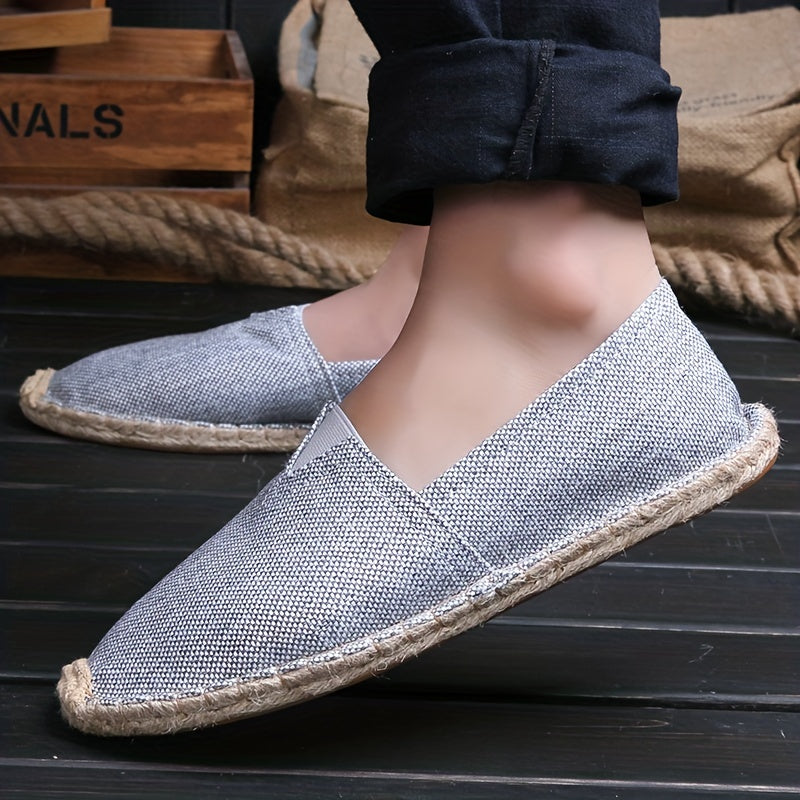 Light grey espadrille slip-on with braided jute sole and V-cut vamp