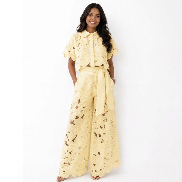 Yellow lace short-sleeve top and wide-leg pants set with waist tie belt