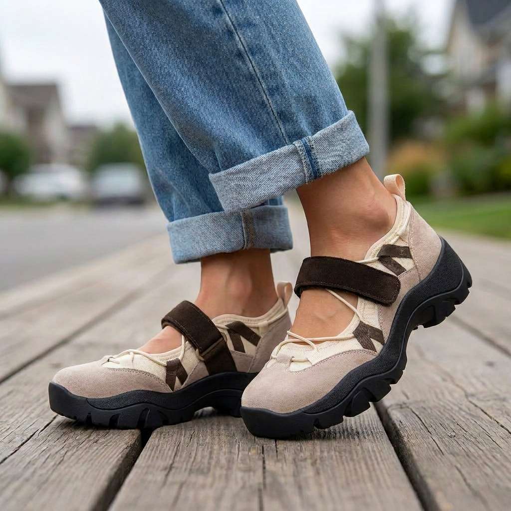 Tan and dark-brown ComfortWalk loafers with Velcro strap and lace-up front