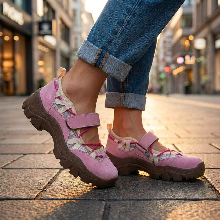 Purple mauve ComfortWalk loafers with pink laces and adjustable ankle strap