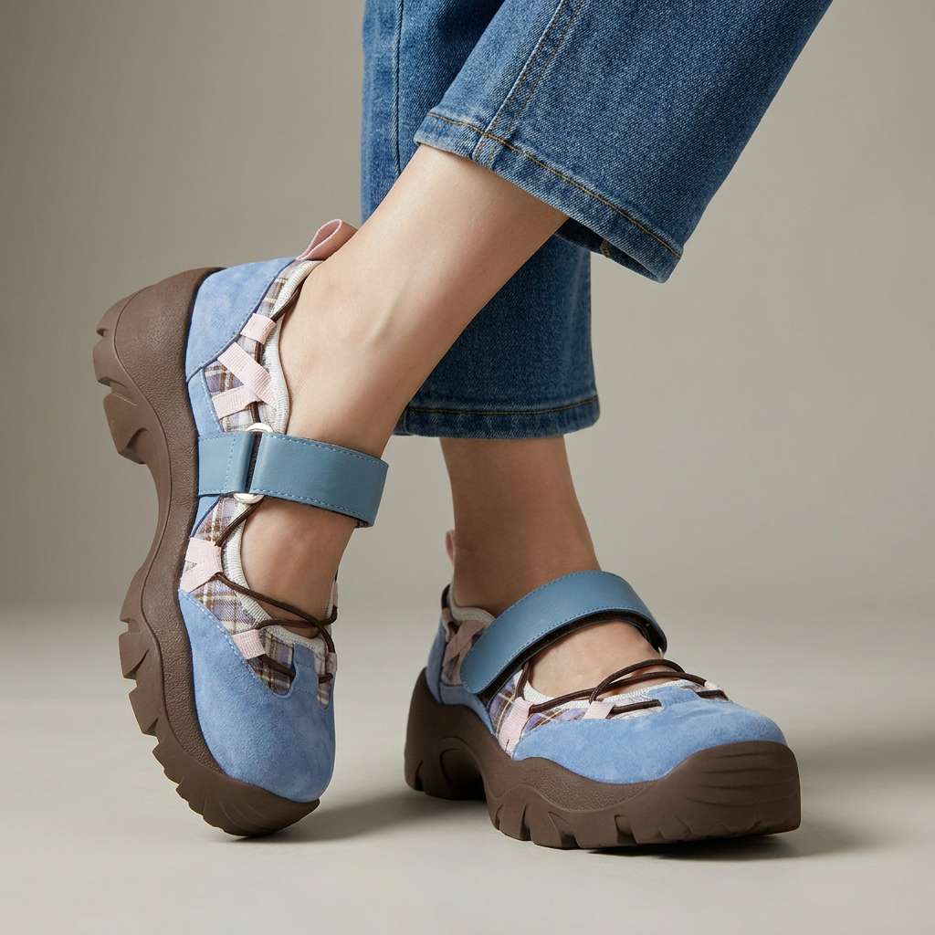 Light blue suede ComfortWalk loafers with adjustable strap and lace-up panels