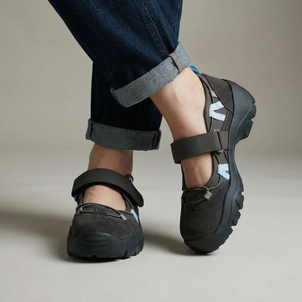 Black ComfortWalk loafers with hook-and-loop straps and padded rubber sole