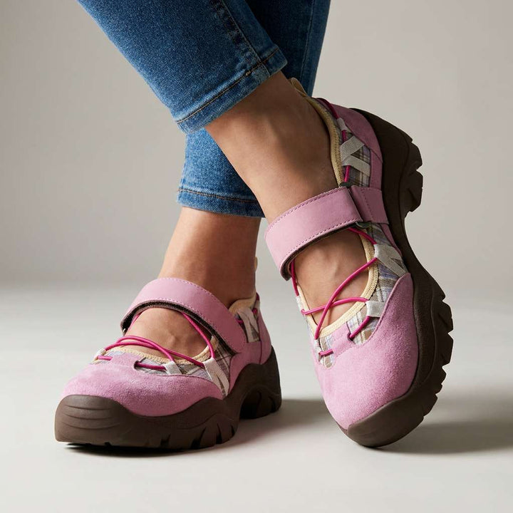 Mauve pink suede ComfortWalk loafers with magenta laces and side heel strap