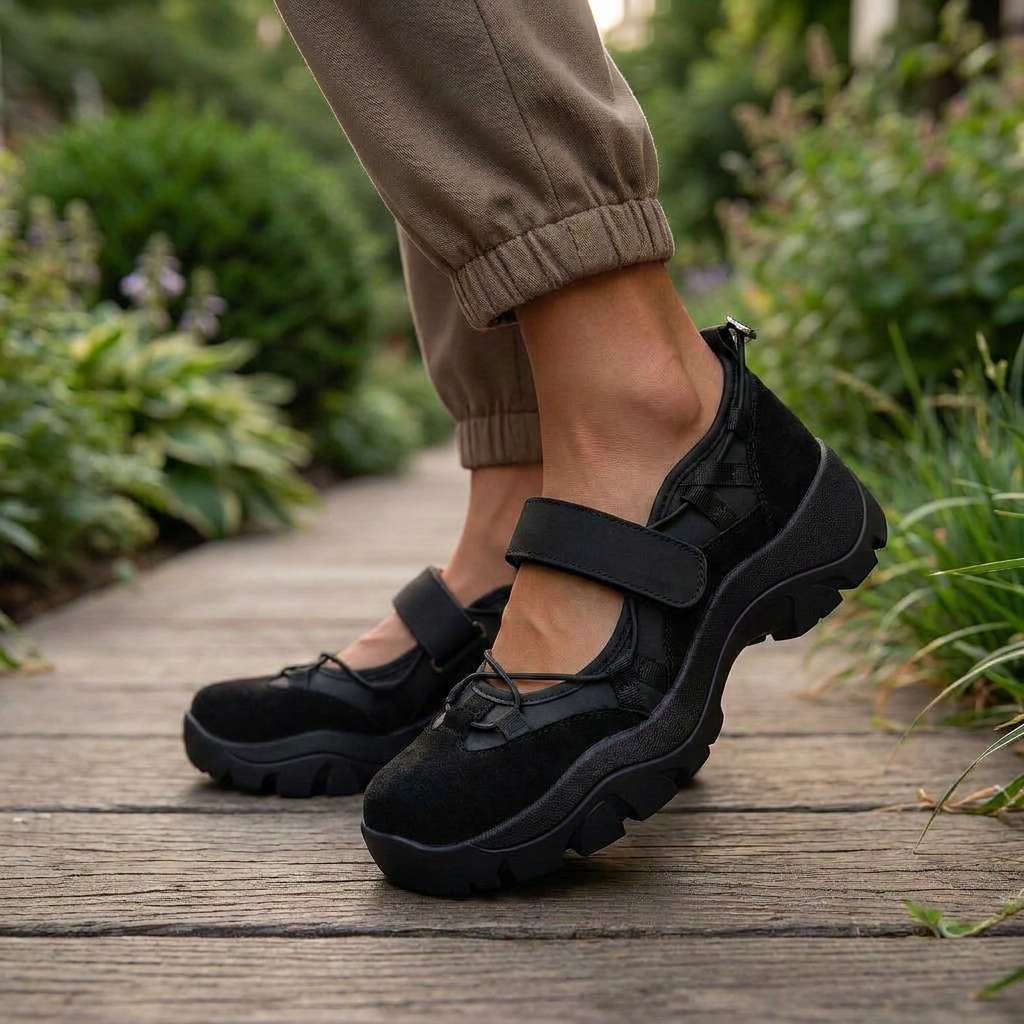 Black ComfortWalk loafers with hook-and-loop strap and thick anti-slip outsole