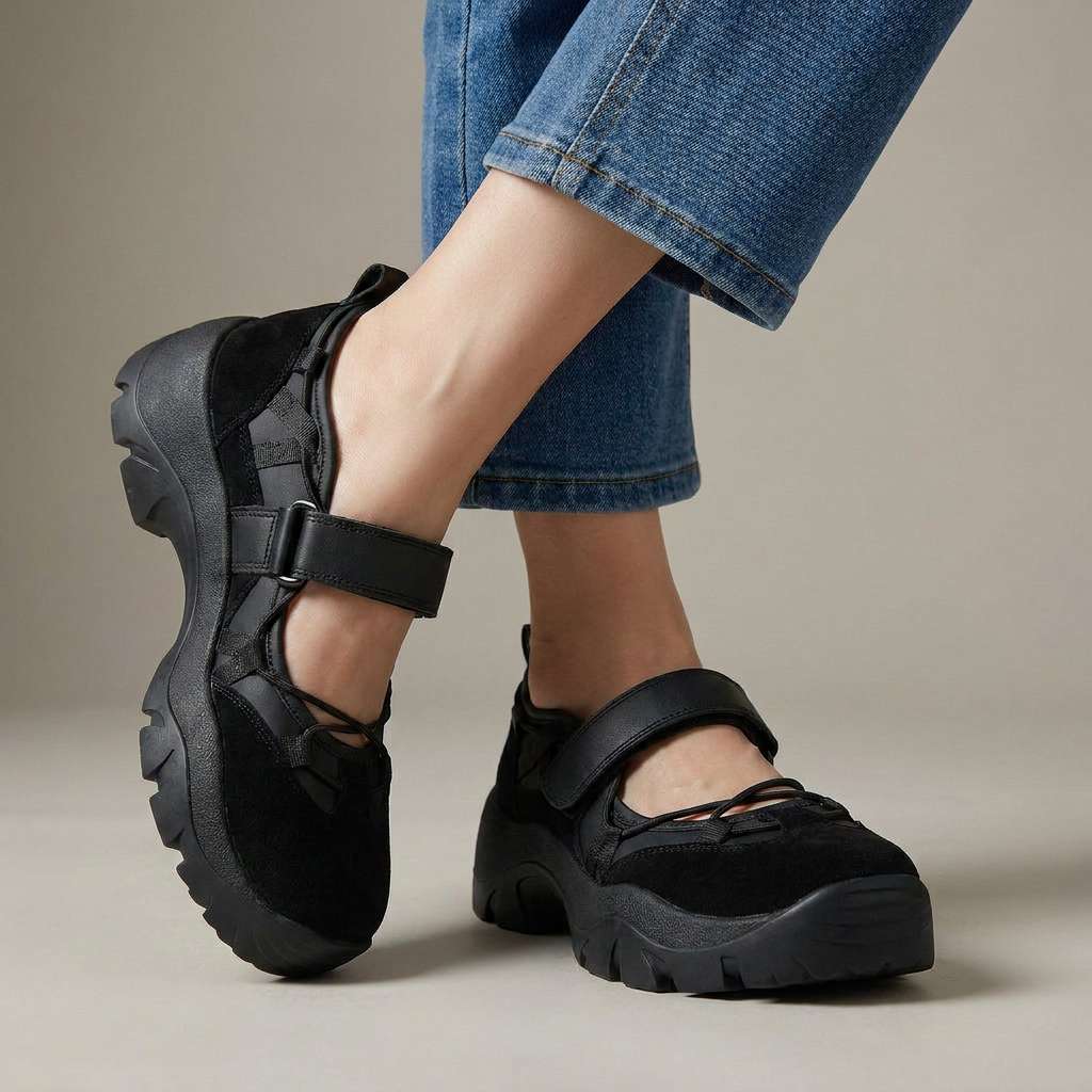 Black ComfortWalk loafers with double straps and textured traction outsole