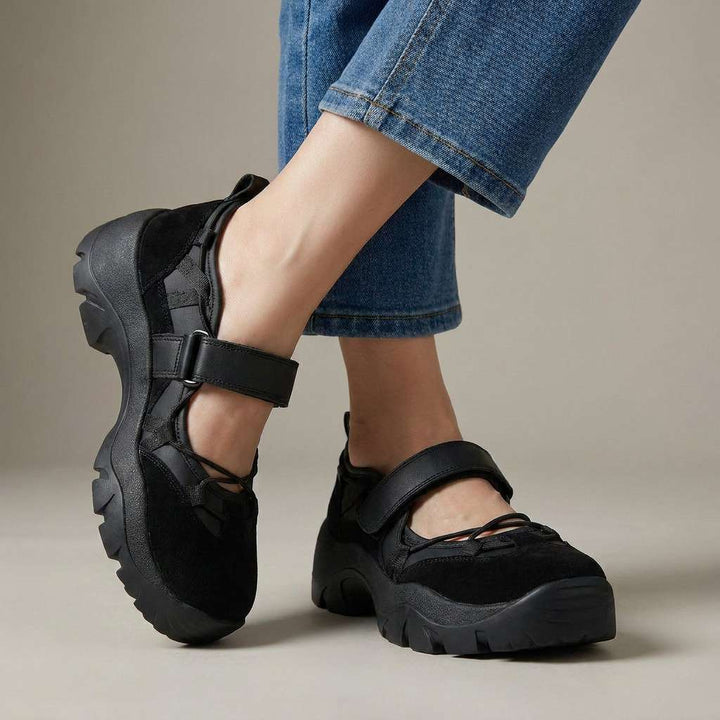 Black ComfortWalk loafers with double straps and textured traction outsole