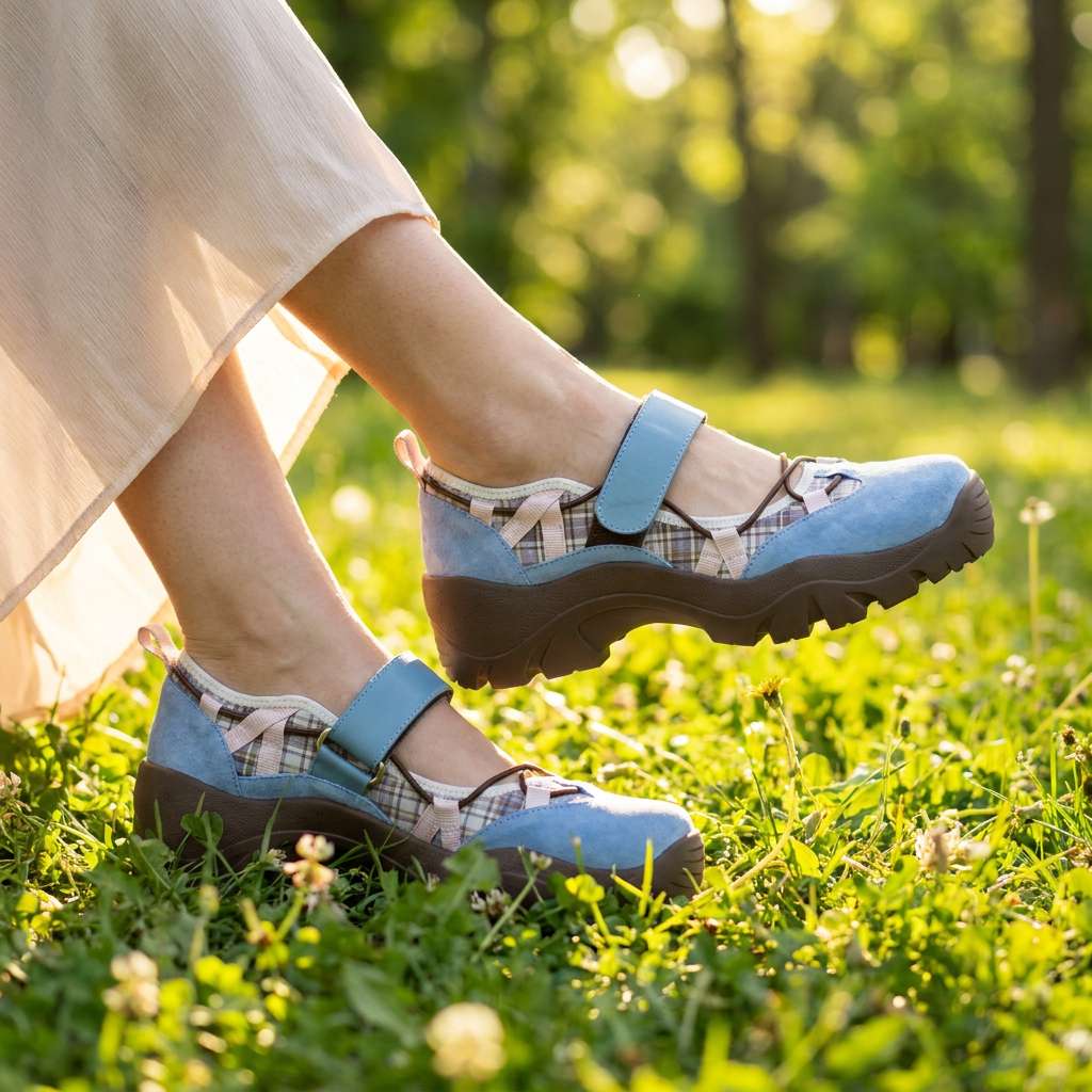 Light blue and beige ComfortWalk loafers with Velcro strap and cushioned sole