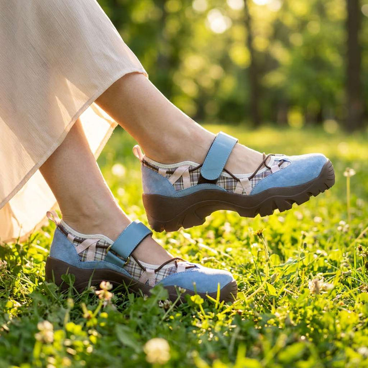 Light blue and beige ComfortWalk loafers with Velcro strap and cushioned sole