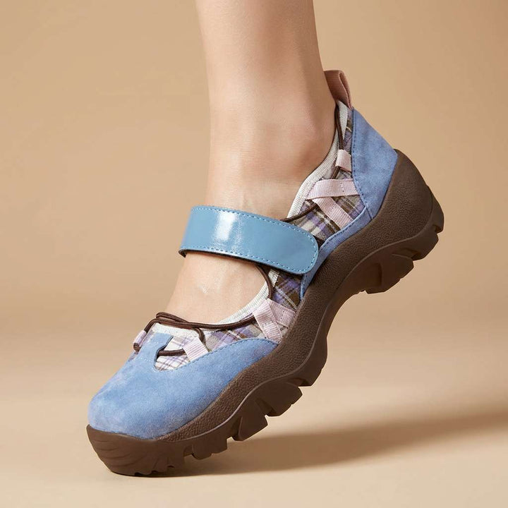 Blue comfort loafers with light-blue strap and chunky brown outsole