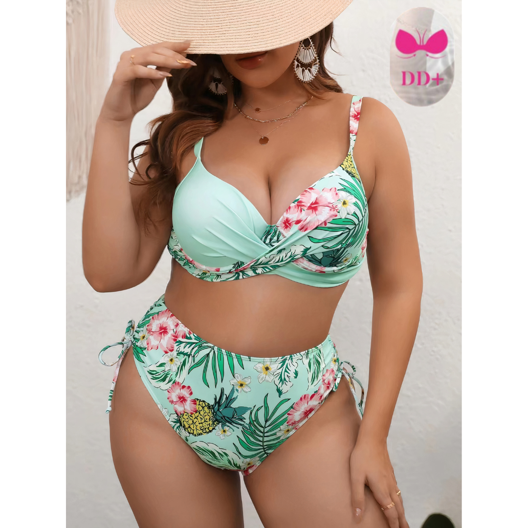 Plus size mint floral bikini set with plunge wrap bra and high-waist tie bottoms