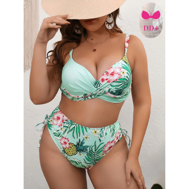 Plus size mint floral bikini set front view with plunge wrap bra and high-waist tie bottoms
